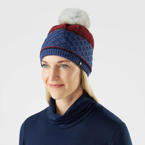 Cable Knit Colorblock Pom Beanie